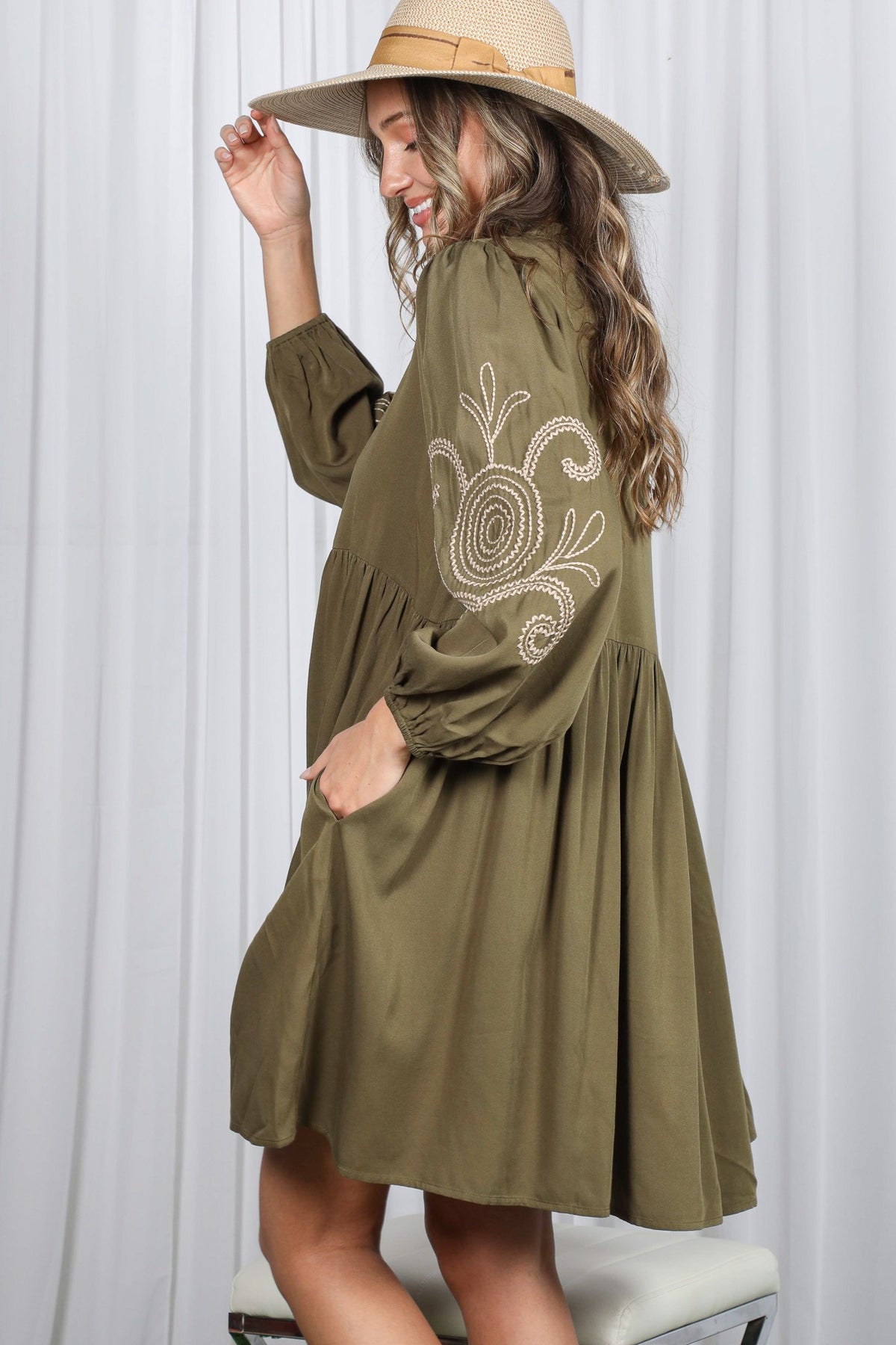 Paisley Embroidered V-Neck Baby Doll Dress-Olive