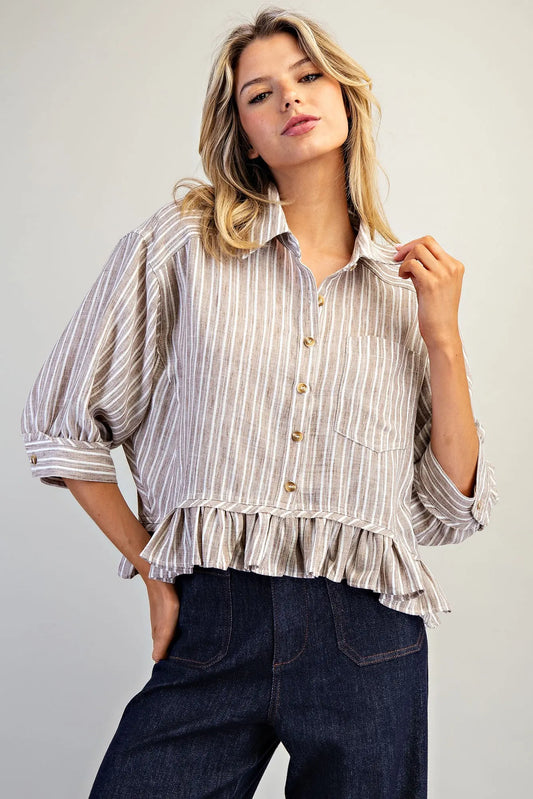 Aldena Striped Button Down Ruffled Hem Shirt-Coco