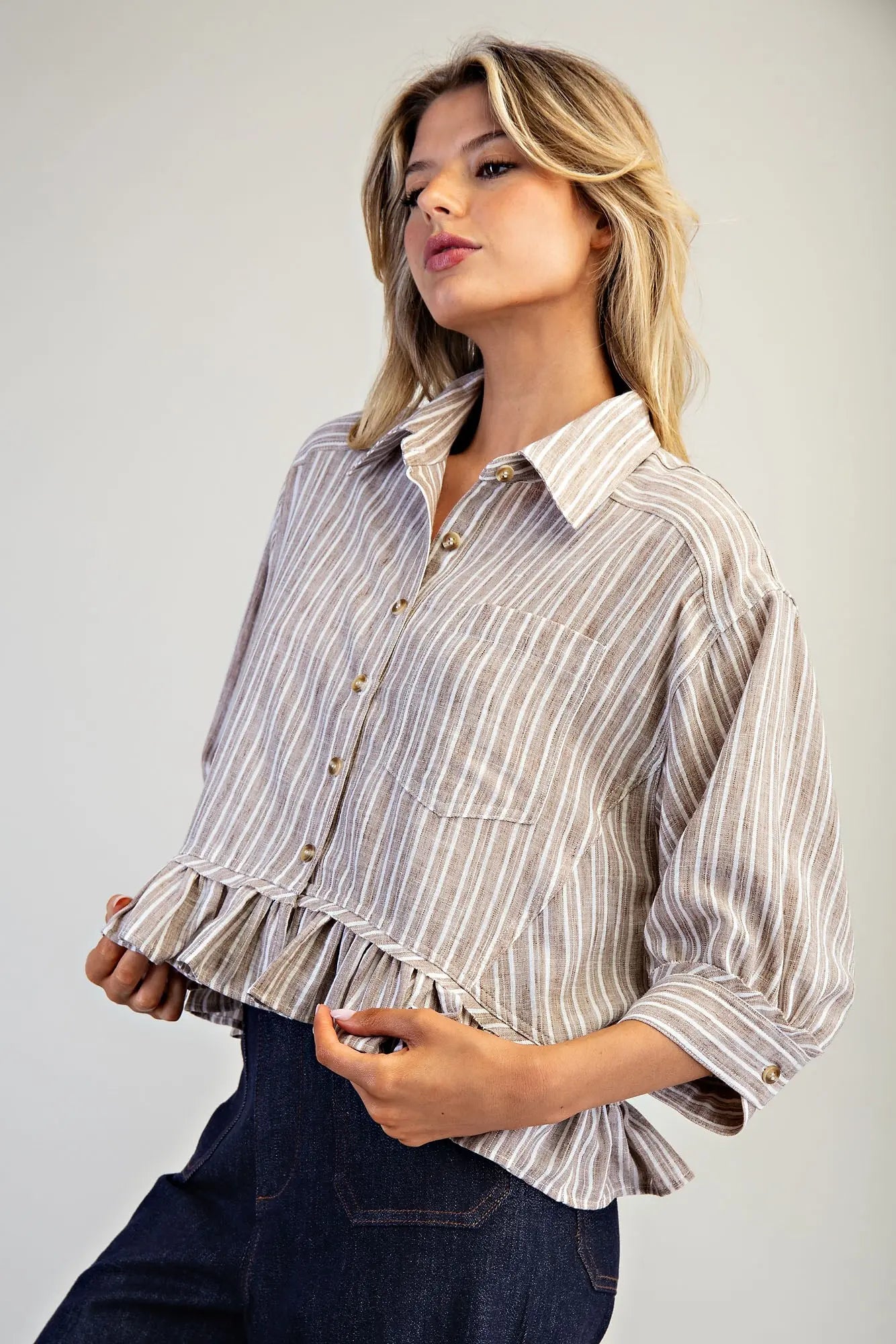 Aldena Striped Button Down Ruffled Hem Shirt-Coco