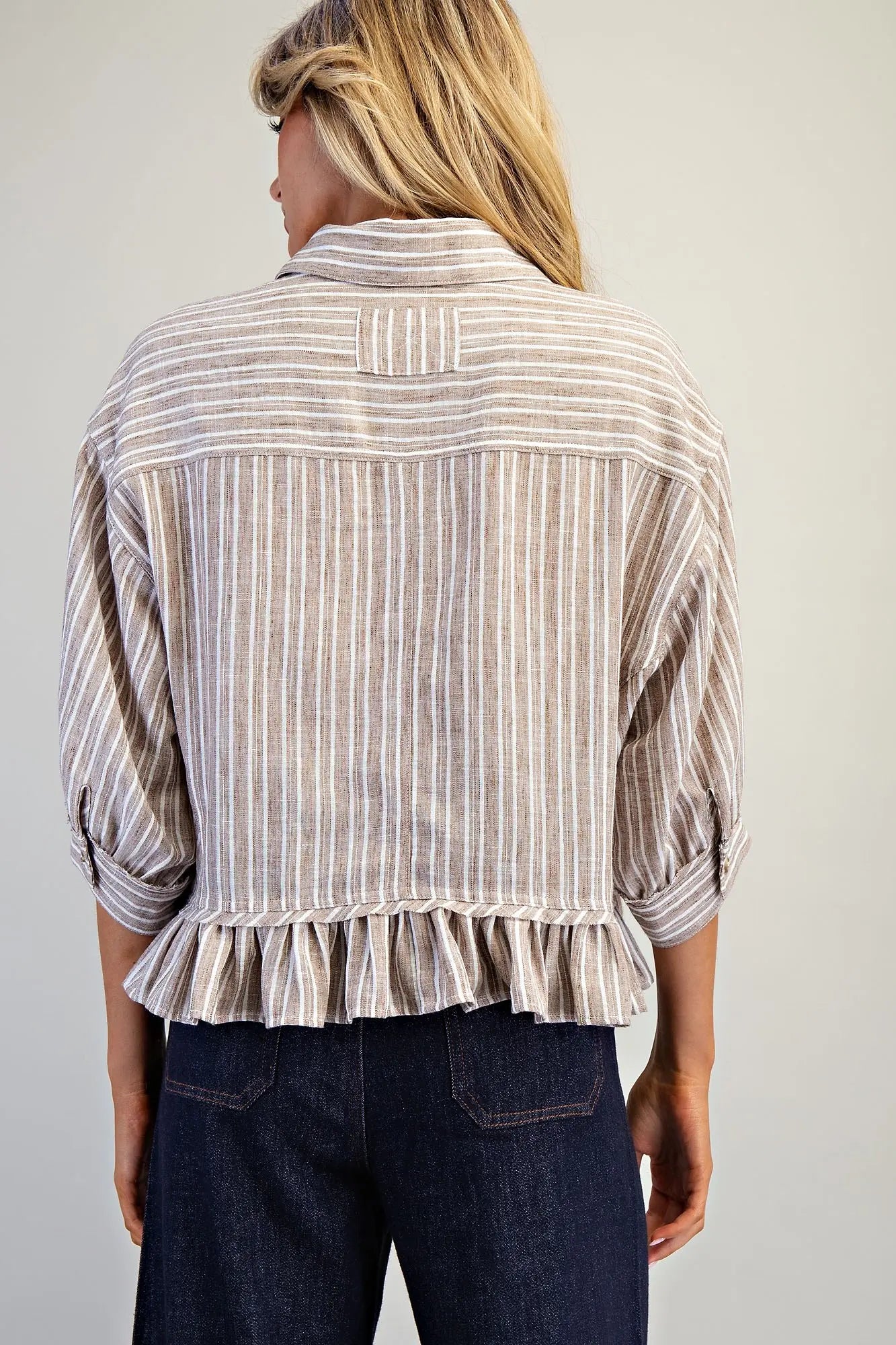 Aldena Striped Button Down Ruffled Hem Shirt-Coco