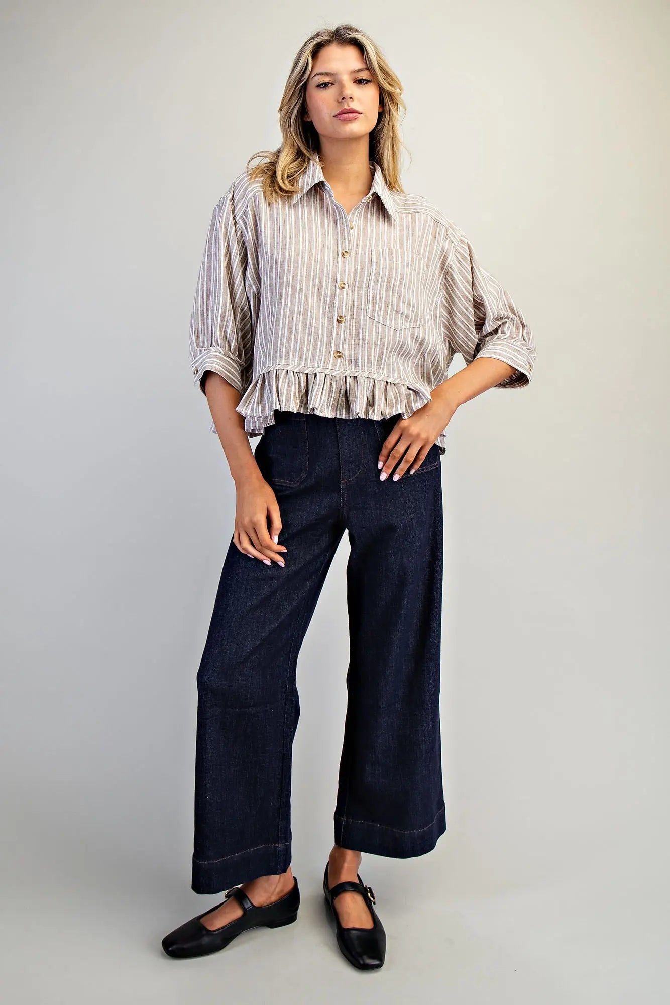 Aldena Striped Button Down Ruffled Hem Shirt-Coco