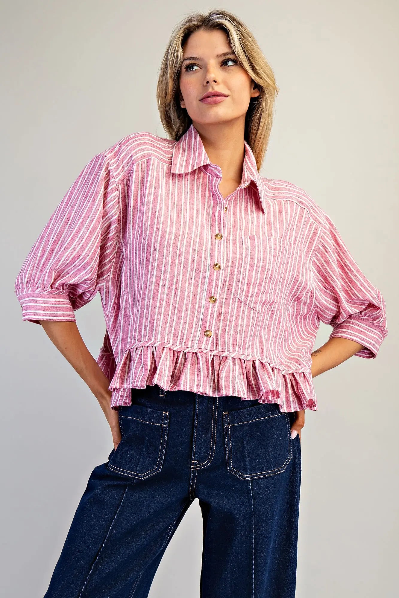 Aldena Striped Button Down Ruffled Hem Shirt-Coco-Raspberry