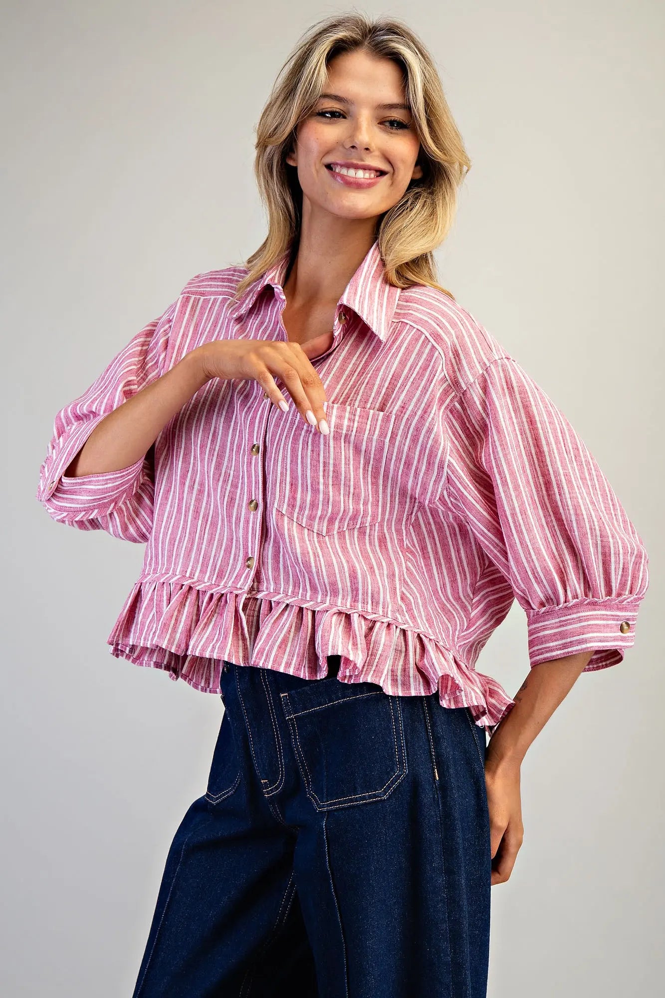 Aldena Striped Button Down Ruffled Hem Shirt-Coco-Raspberry