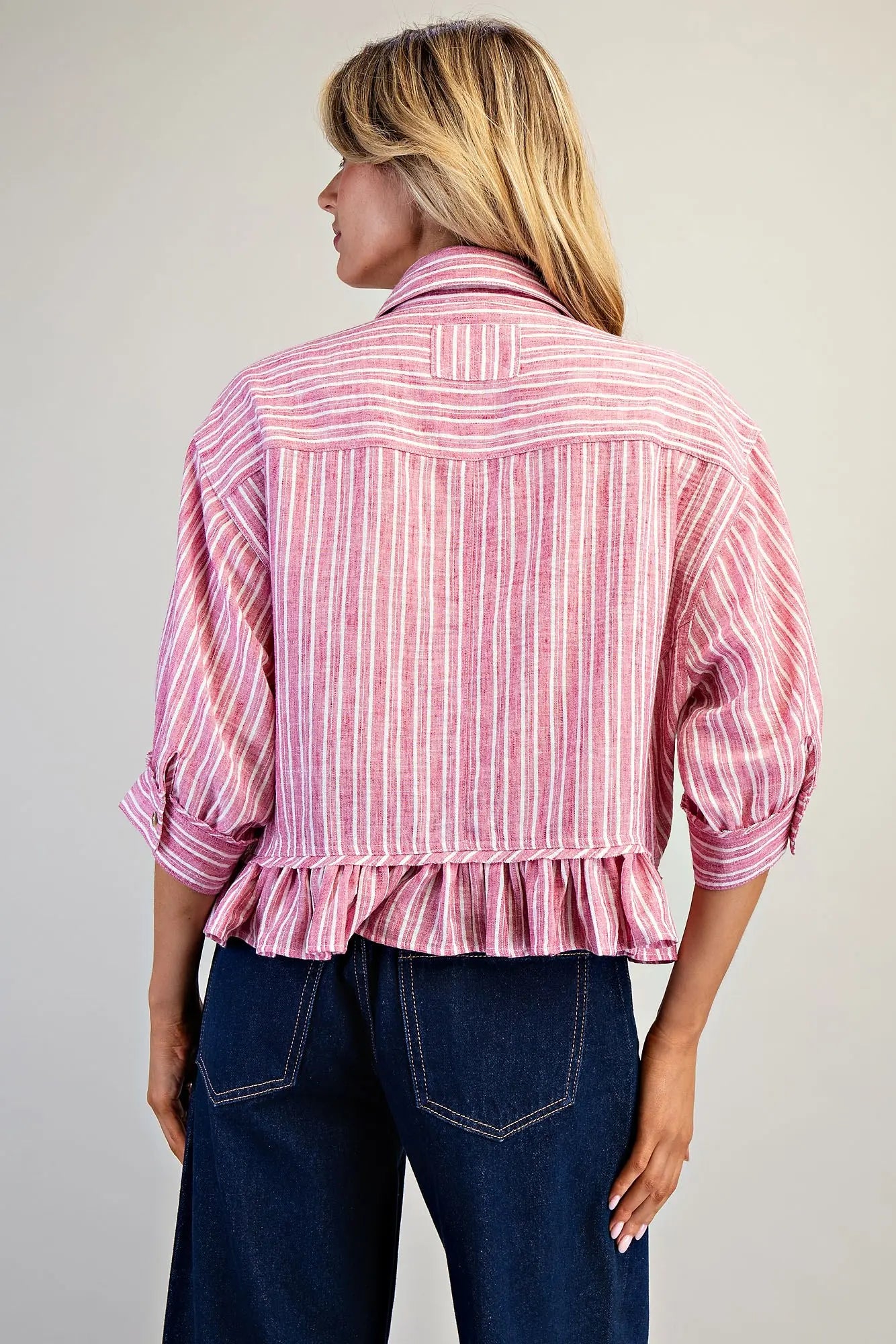 Aldena Striped Button Down Ruffled Hem Shirt-Coco-Raspberry