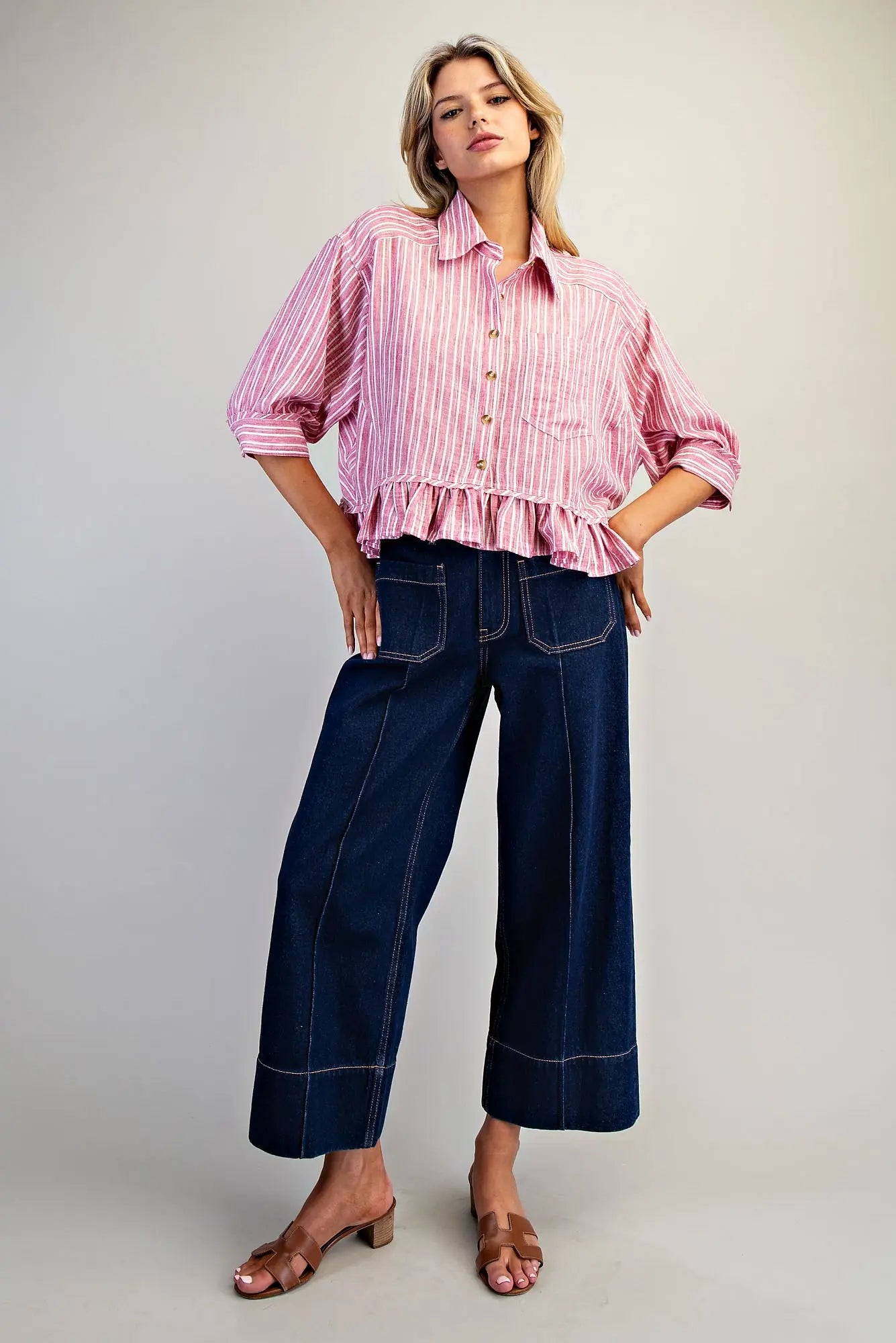 Aldena Striped Button Down Ruffled Hem Shirt-Coco-Raspberry