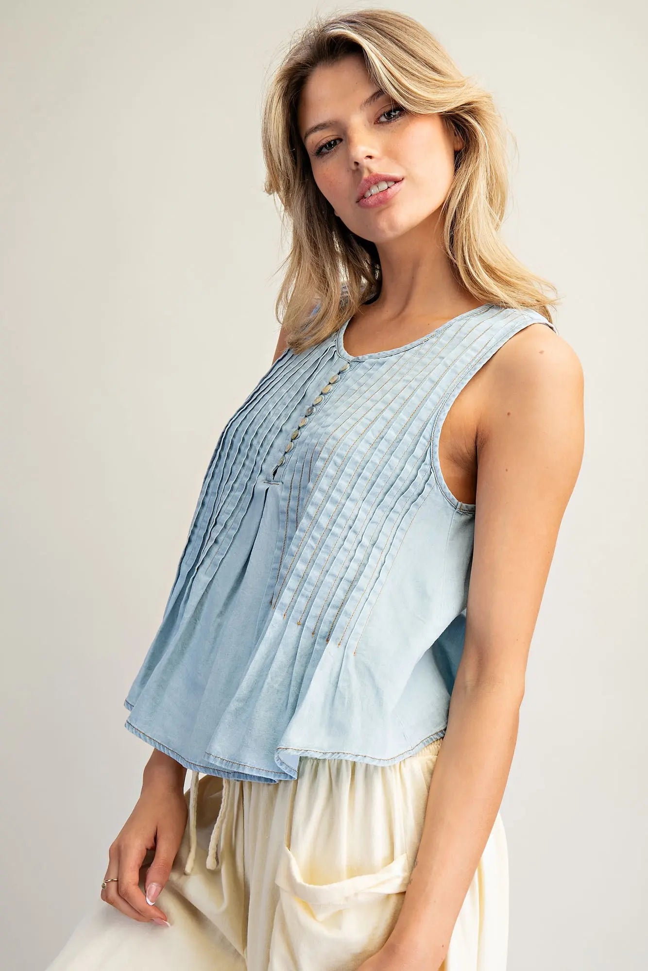 Georgie Chambray Sleeveless Pintucked Blouse