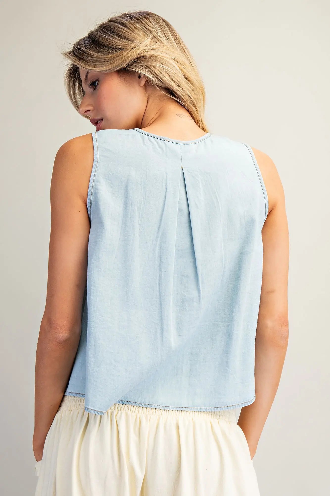 Georgie Chambray Sleeveless Pintucked Blouse