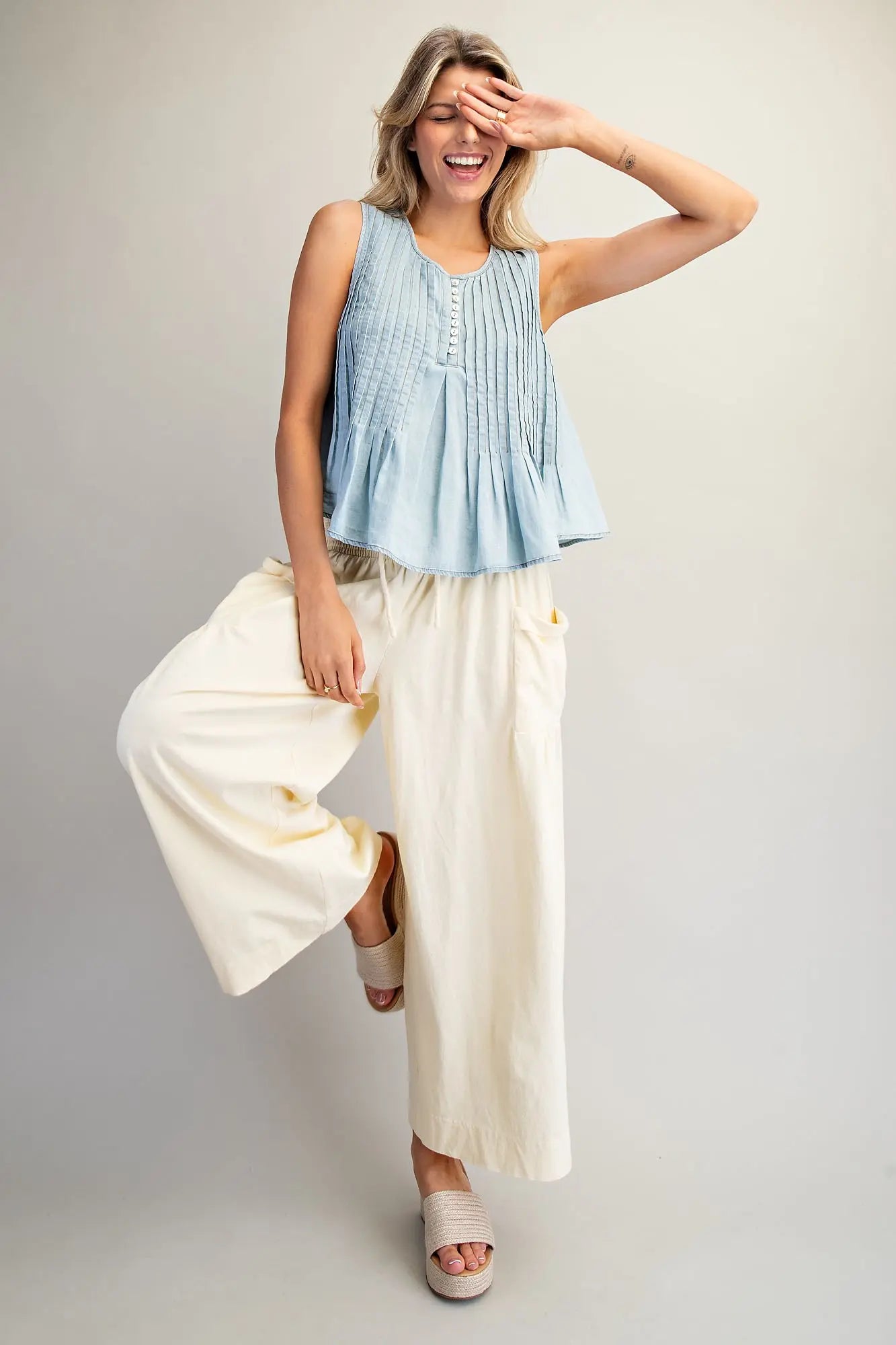 Georgie Chambray Sleeveless Pintucked Blouse