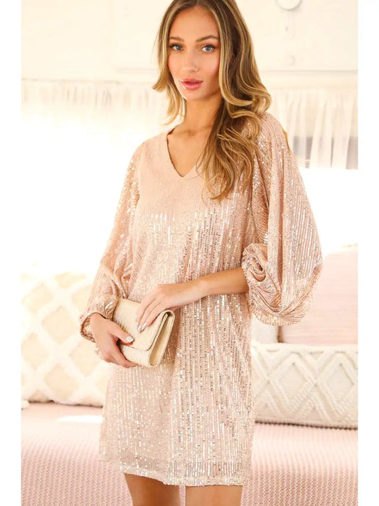 V-Neck Balloon Sleeves Sequin Detail Mini Dress-Gold
