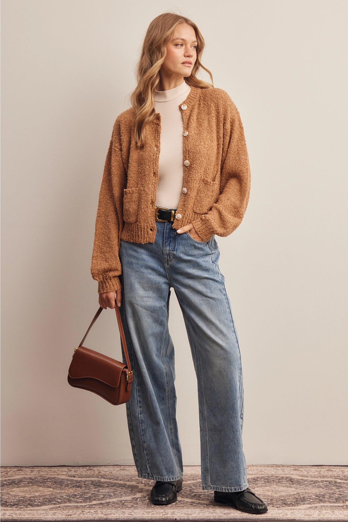 Bouclé Pocket Cardigan-Golden Brown