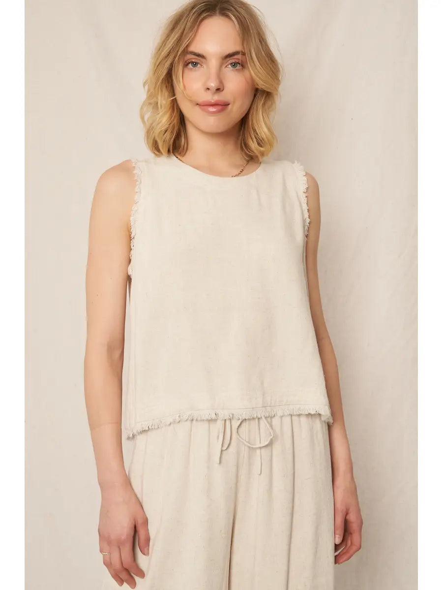 Celia Back Button Detail Sleeveless Top-Natural