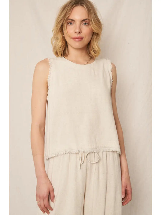 Celia Back Button Detail Sleeveless Top-Natural