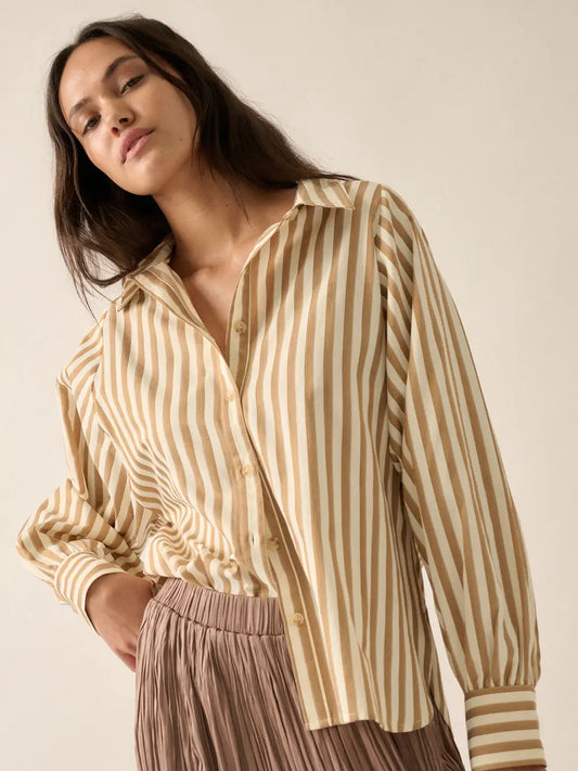 Striped Woven Dolman-Sleeve Button-Up Shirt-Taupe
