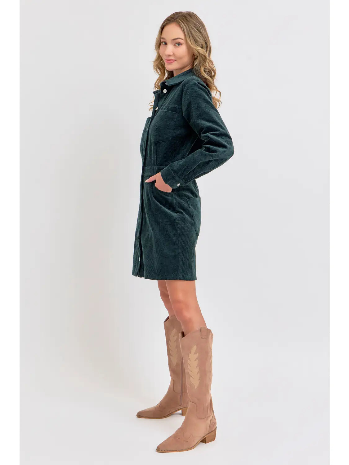 Corduroy Casual Timeless Mini Dress-Hunter