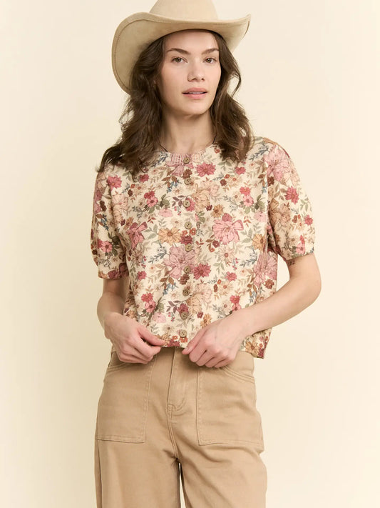 Ellie Floral Knit Button Down Short Sleeve Top