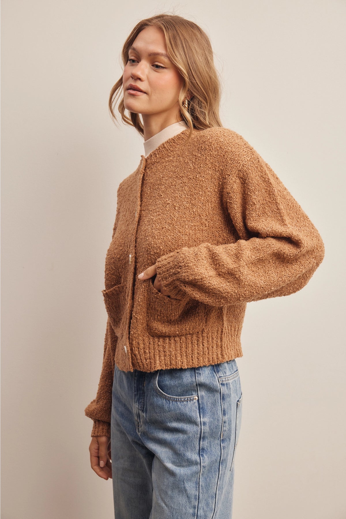 Bouclé Pocket Cardigan-Golden Brown