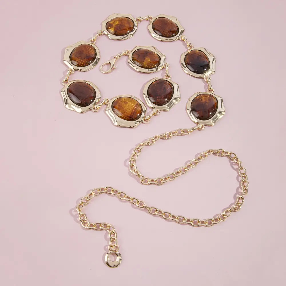 Glossy Oval Cabochon Stone Chain Belt-Dark Brown