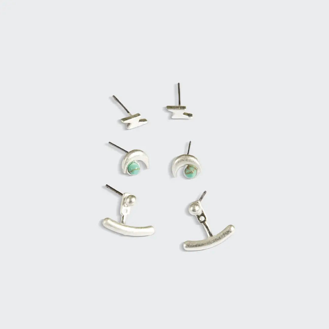 Stud Trio Ear Jacket Set - Moon/Turquoise/Silver