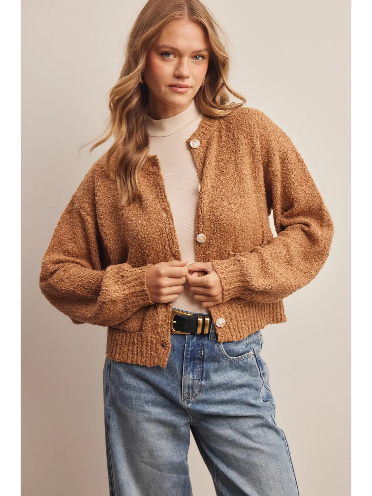 Bouclé Pocket Cardigan-Golden Brown