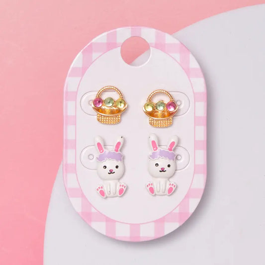 Enamel Easter Basket & Bunny Figure Stud Earring Set