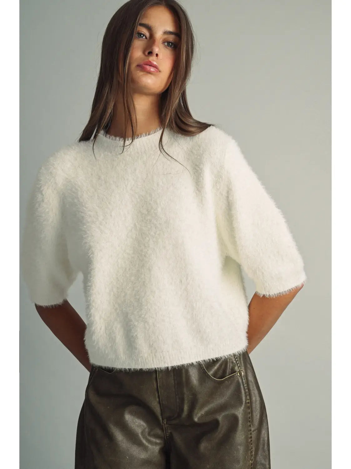 Fluffy Cropped Faux-Fur Sweater with Round Neck-Cream