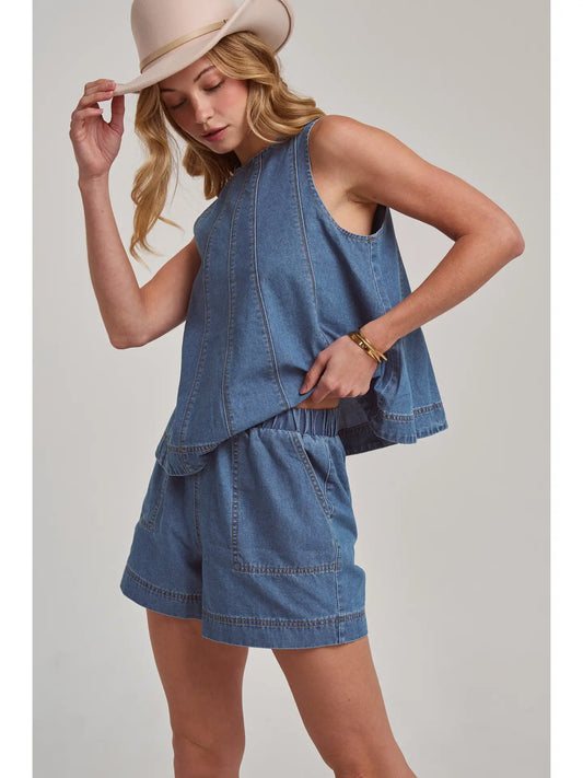 Billie Sleeveless Denim Top and Matching Shorts Set