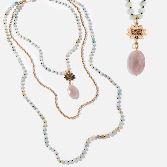 "Have Faith" Lotus Amazonite Long Chain Fusion Necklace-Gold