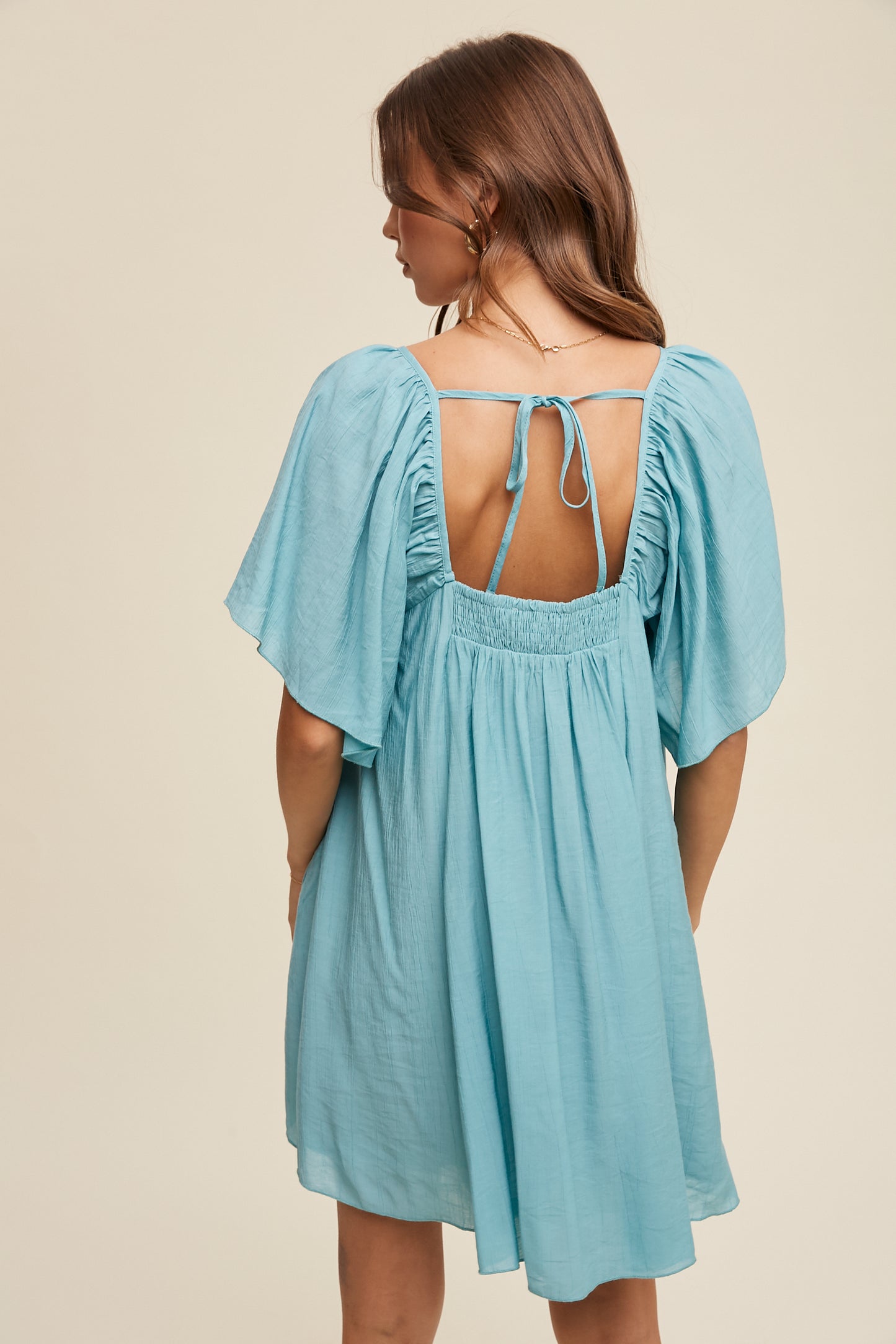 Avani Textured A-Line Mini Dress with Flutter Sleeves-Aqua