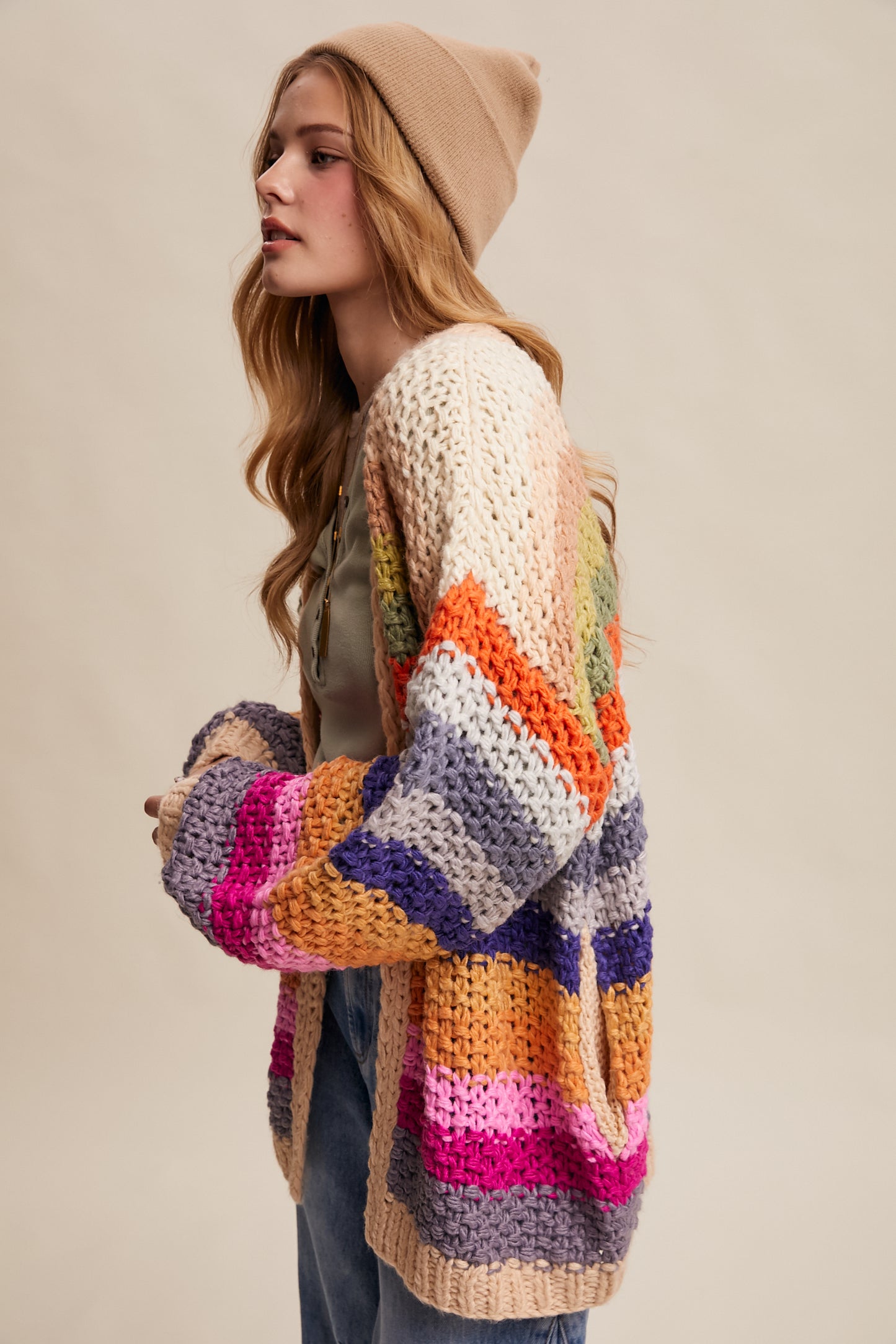 Rainbow Hand-Crochet Open Cardigan-Cream