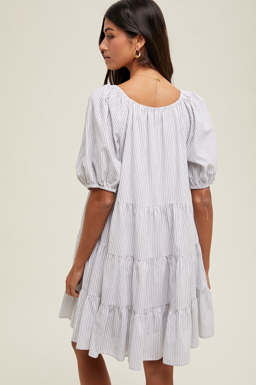 Delancey STRIPED PUFF SLEEVE MINI DRESS-Ivory/Black