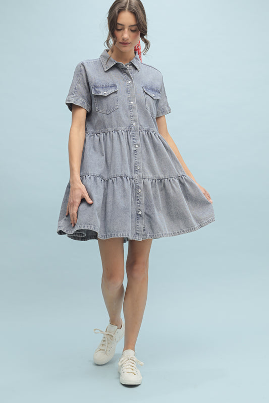 Molly DENIM TIERED BUTTON-UP MINI DRESS
