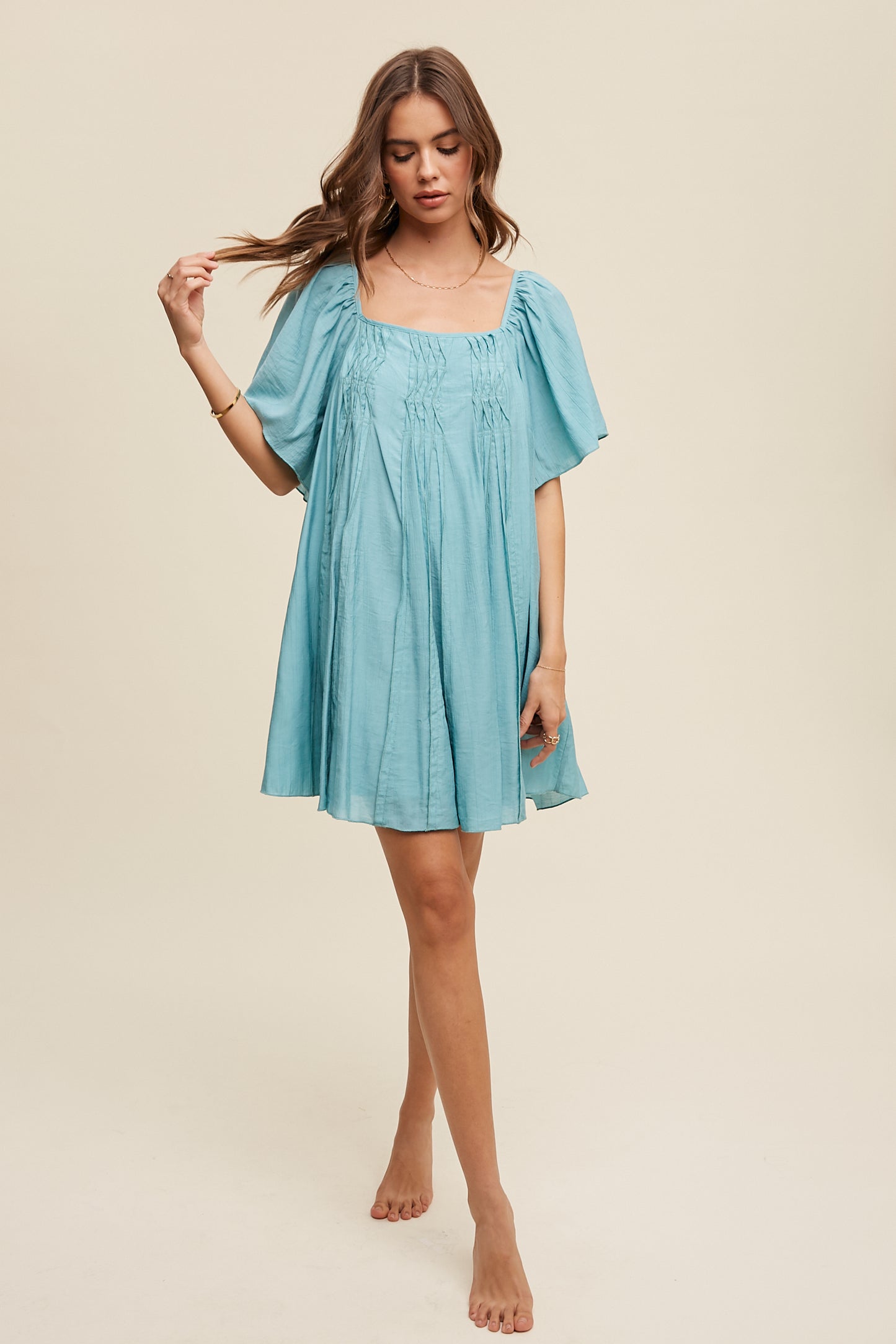 Avani Textured A-Line Mini Dress with Flutter Sleeves-Aqua