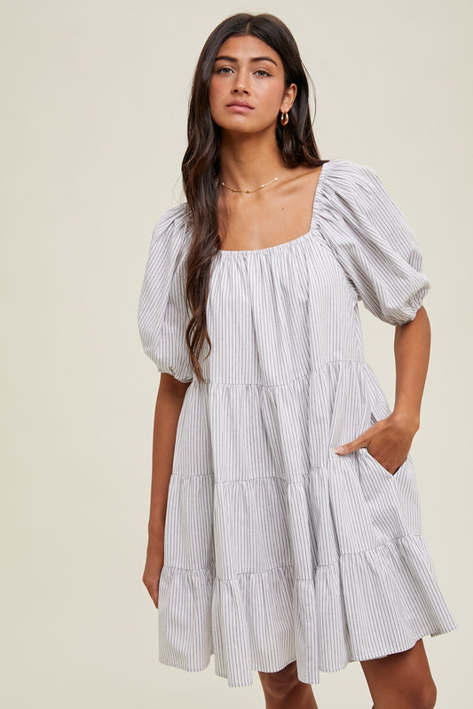 Delancey STRIPED PUFF SLEEVE MINI DRESS-Ivory/Black