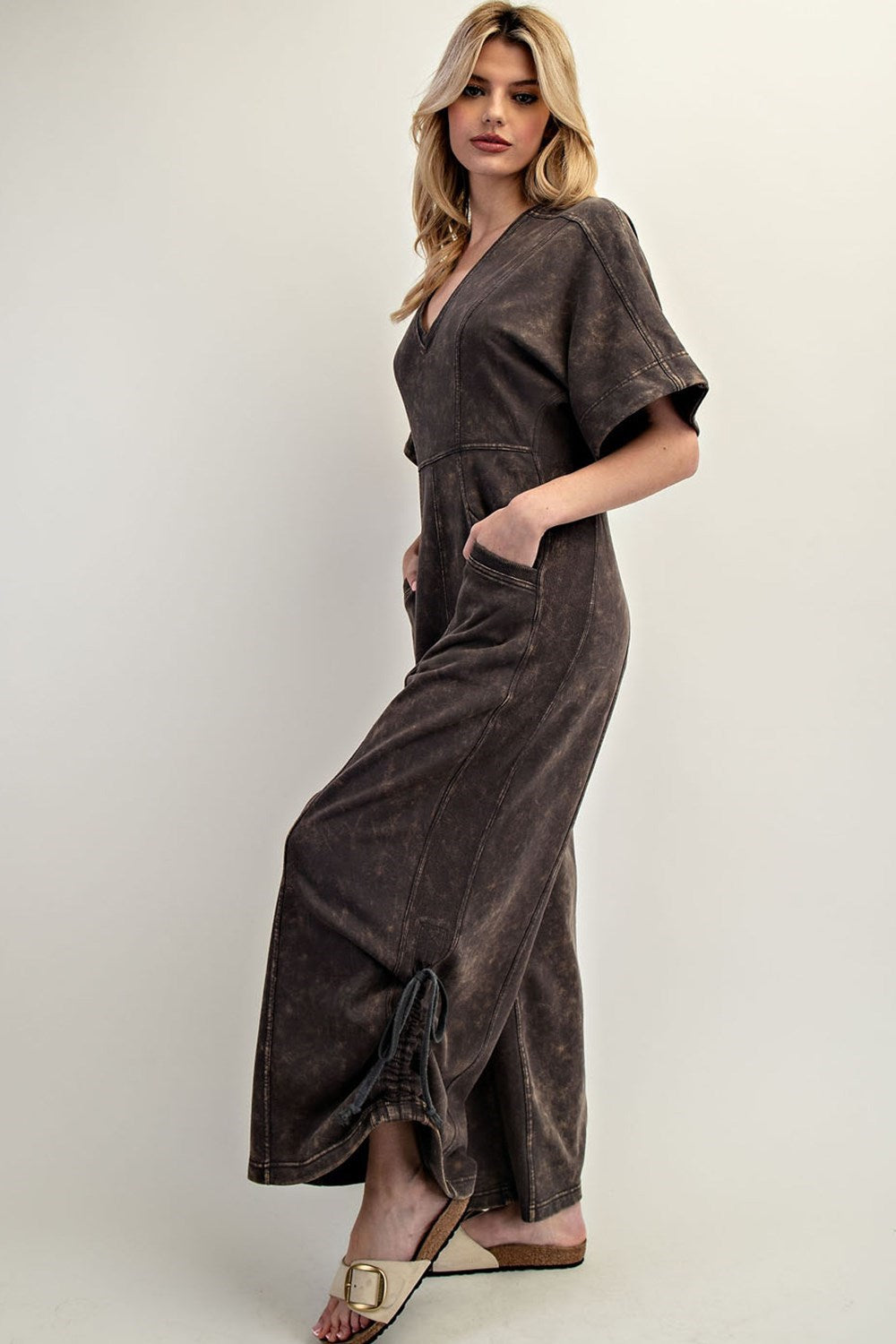 Nirvana Short Sleeve V-Neck Jumpsuit-Ash Black
