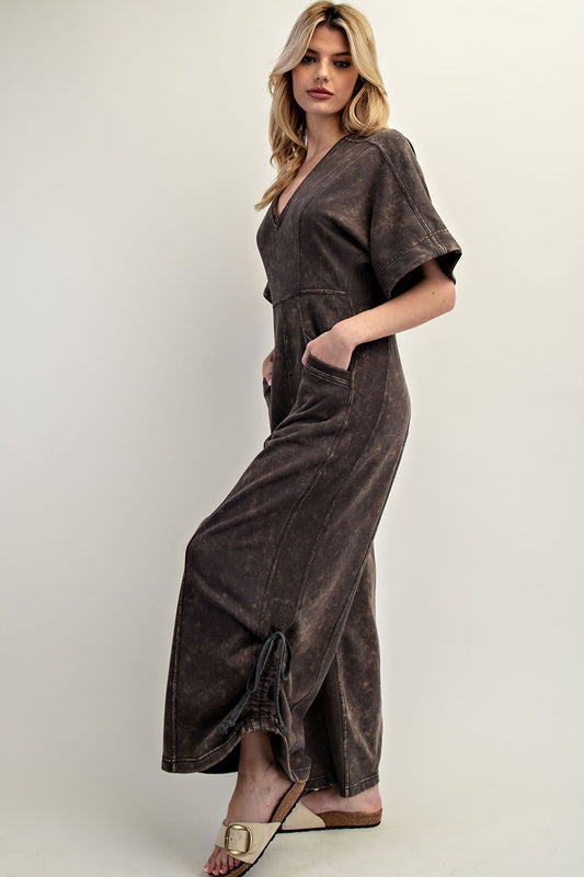 Nirvana Short Sleeve V-Neck Jumpsuit-Ash Black
