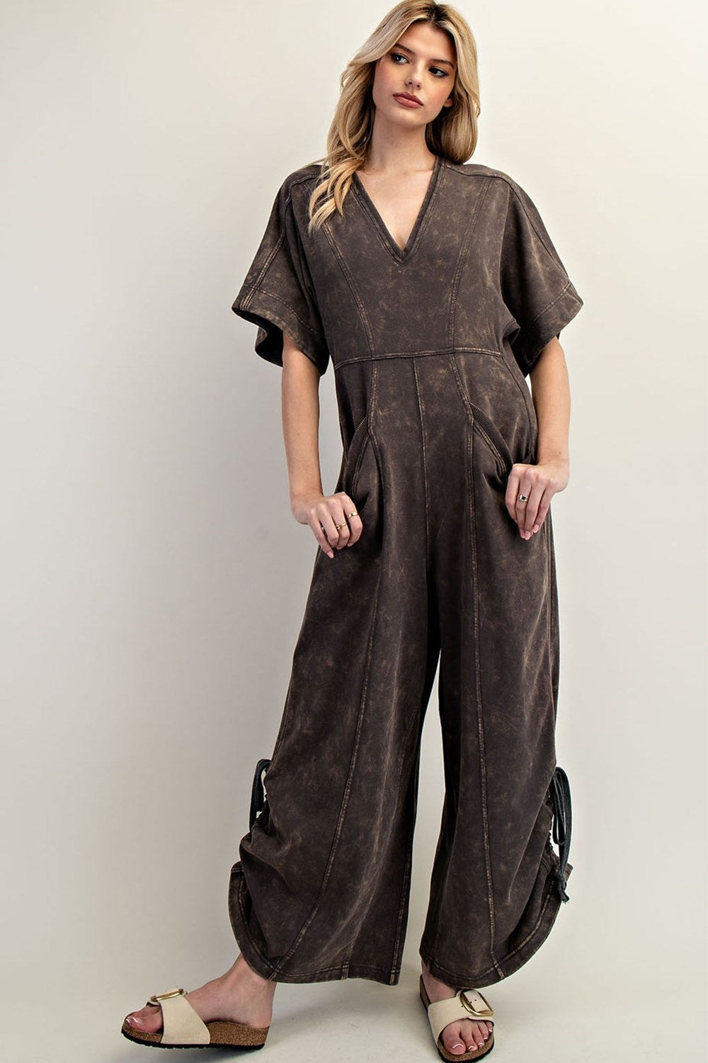 Nirvana Short Sleeve V-Neck Jumpsuit-Ash Black