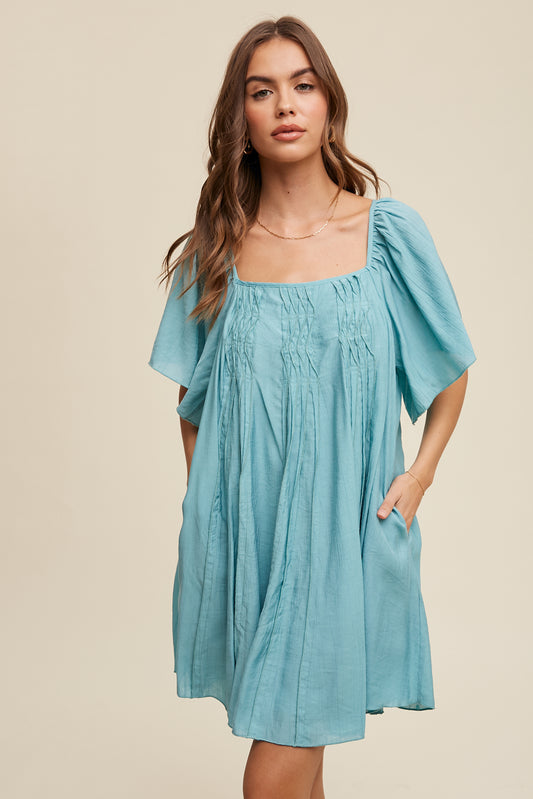 Avani Textured A-Line Mini Dress with Flutter Sleeves-Aqua