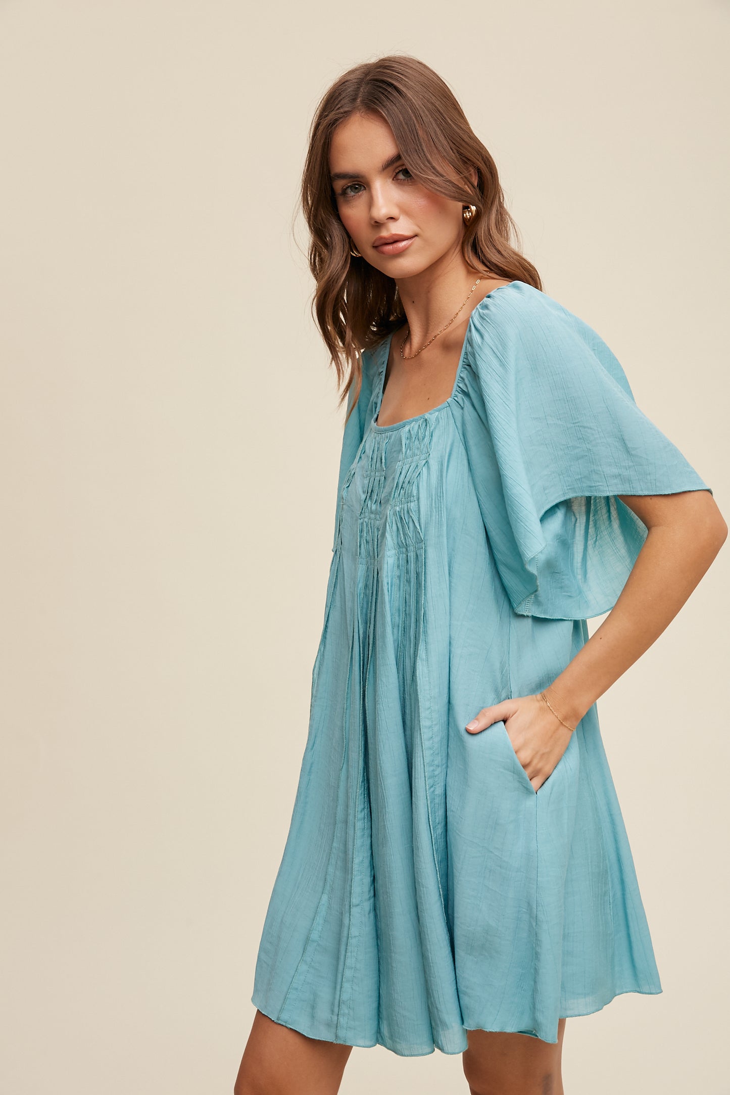 Avani Textured A-Line Mini Dress with Flutter Sleeves-Aqua