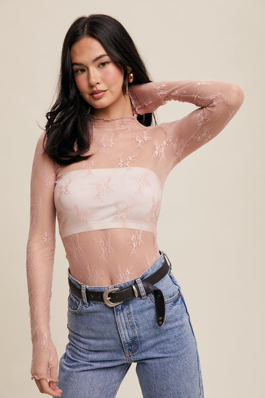 Aria Sheer Lace Long-Sleeve Top-Blush