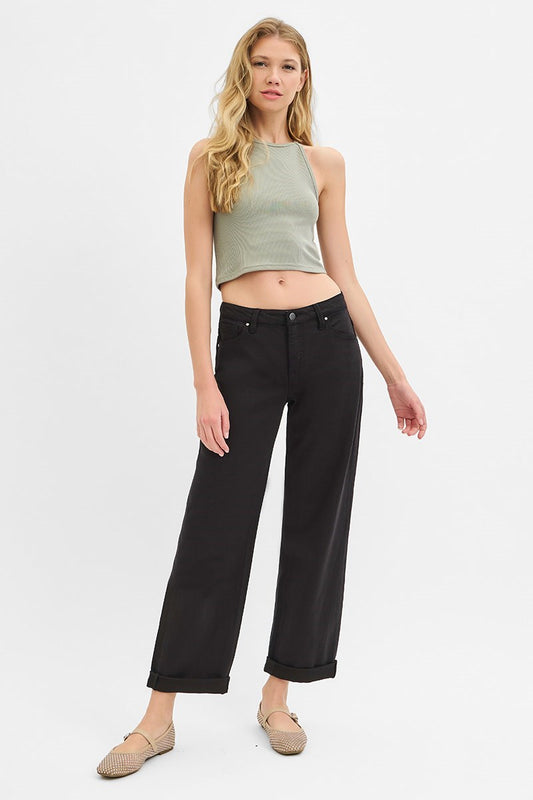 Glenna MID RISE ANKLE BARREL RELAXED BAGGY PANTS-Black