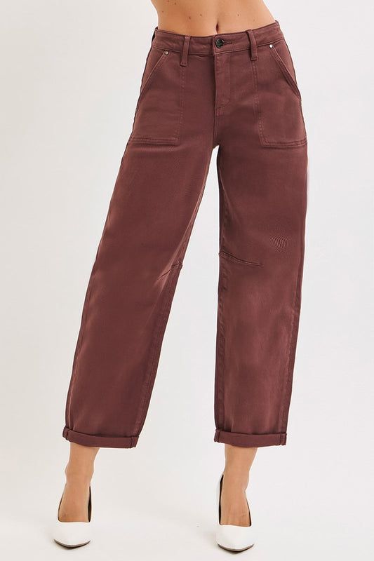 HIGH RISE ANKLE CUFFED BARREL PANTS-Choco Brown