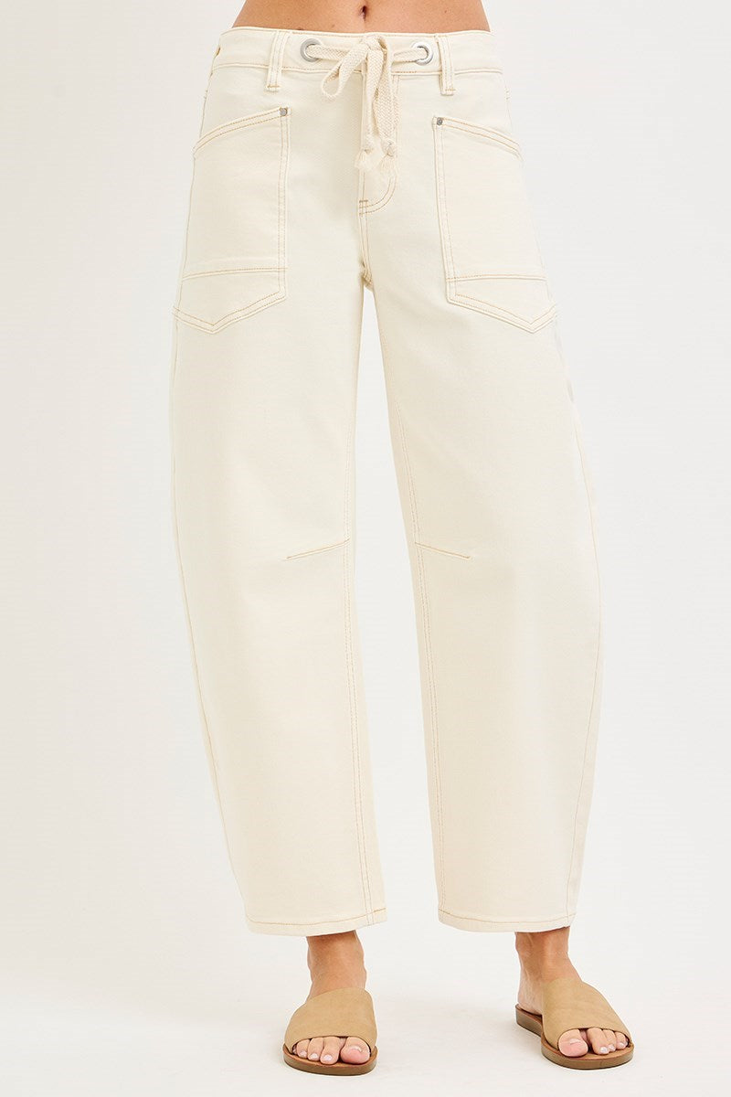 SLOUCHY CROP BARREL LEG PANTS WITH EYELET STRING-Ivory