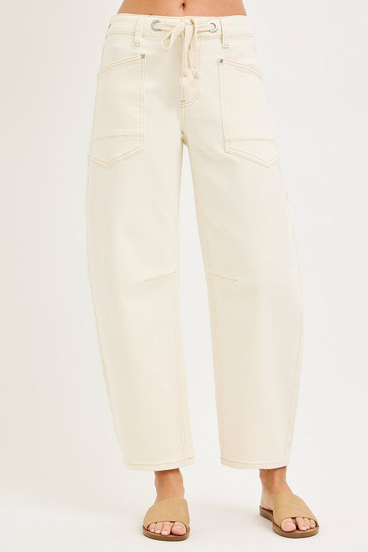 SLOUCHY CROP BARREL LEG PANTS WITH EYELET STRING-Ivory