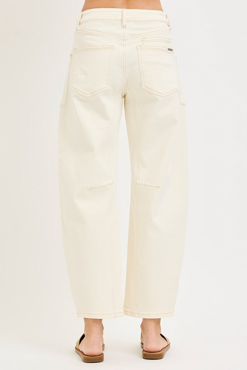 SLOUCHY CROP BARREL LEG PANTS WITH EYELET STRING-Ivory