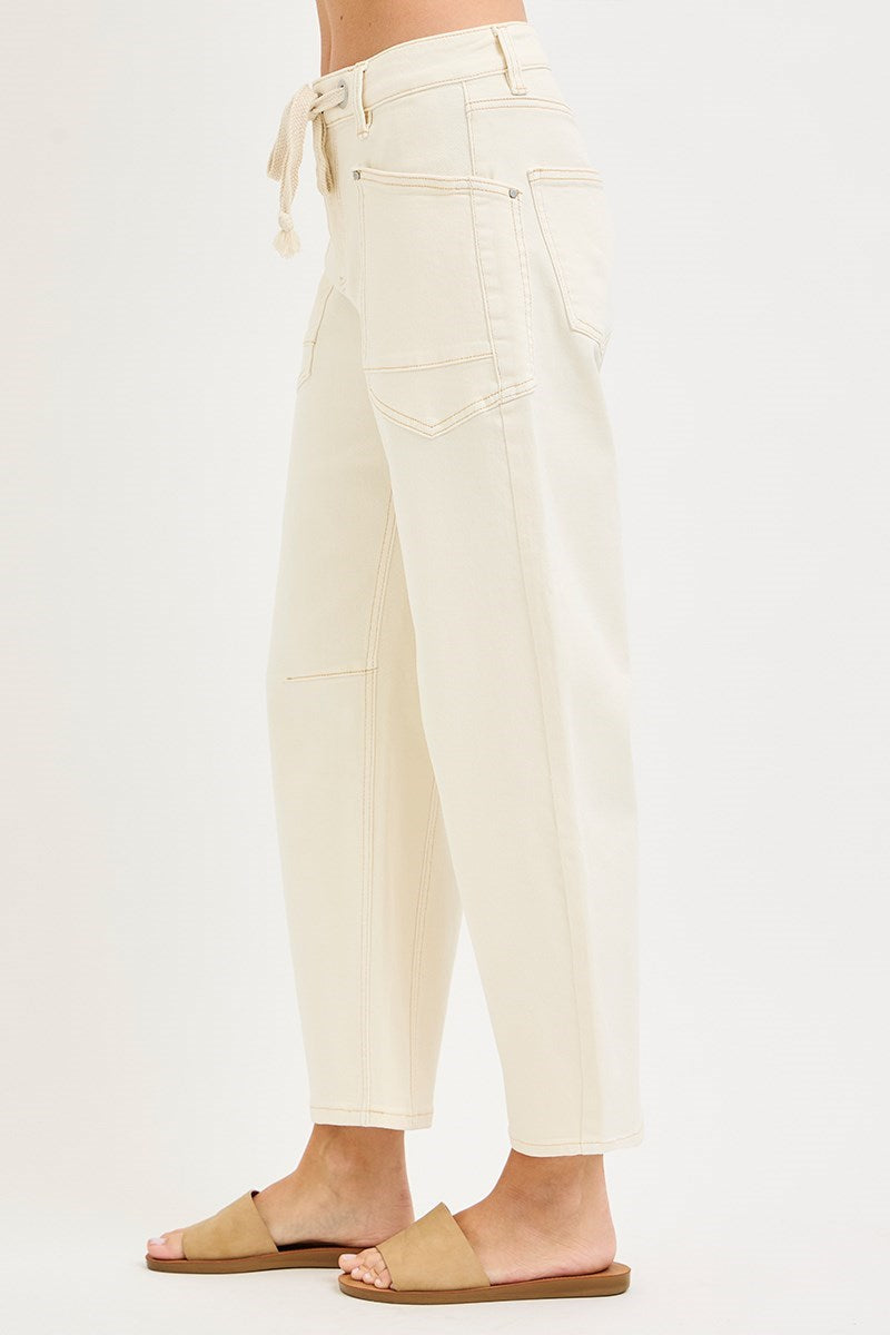 SLOUCHY CROP BARREL LEG PANTS WITH EYELET STRING-Ivory
