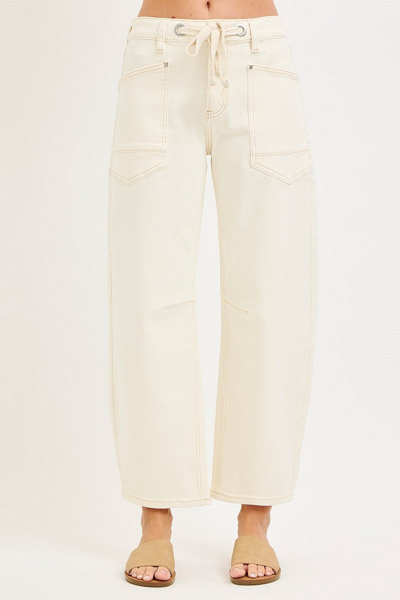 SLOUCHY CROP BARREL LEG PANTS WITH EYELET STRING-Ivory