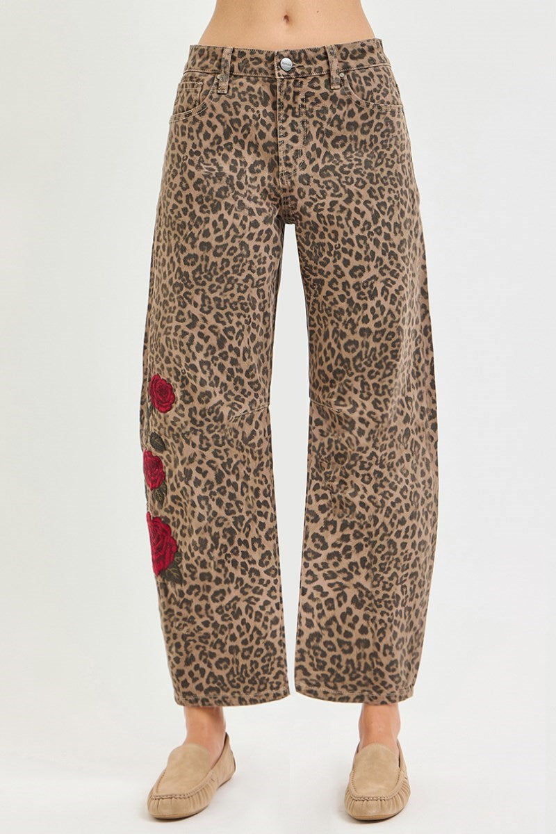 SLOUCHY BARREL ROSE EMBROIDERED LEOPARD PRINT PANTS