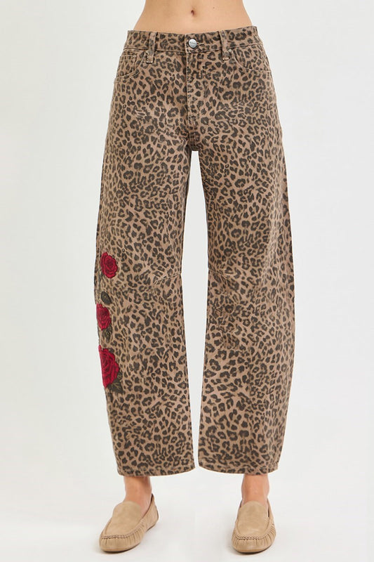 SLOUCHY BARREL ROSE EMBROIDERED LEOPARD PRINT PANTS