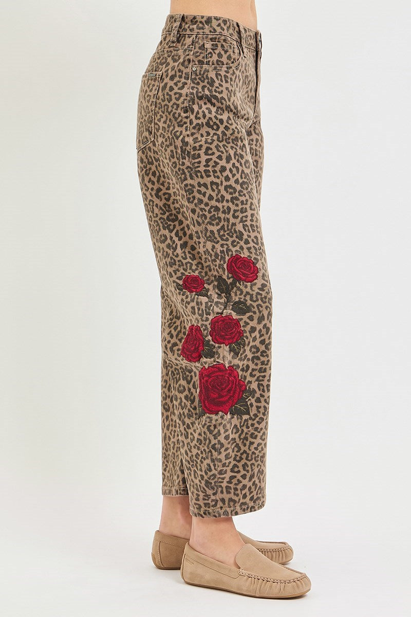 SLOUCHY BARREL ROSE EMBROIDERED LEOPARD PRINT PANTS