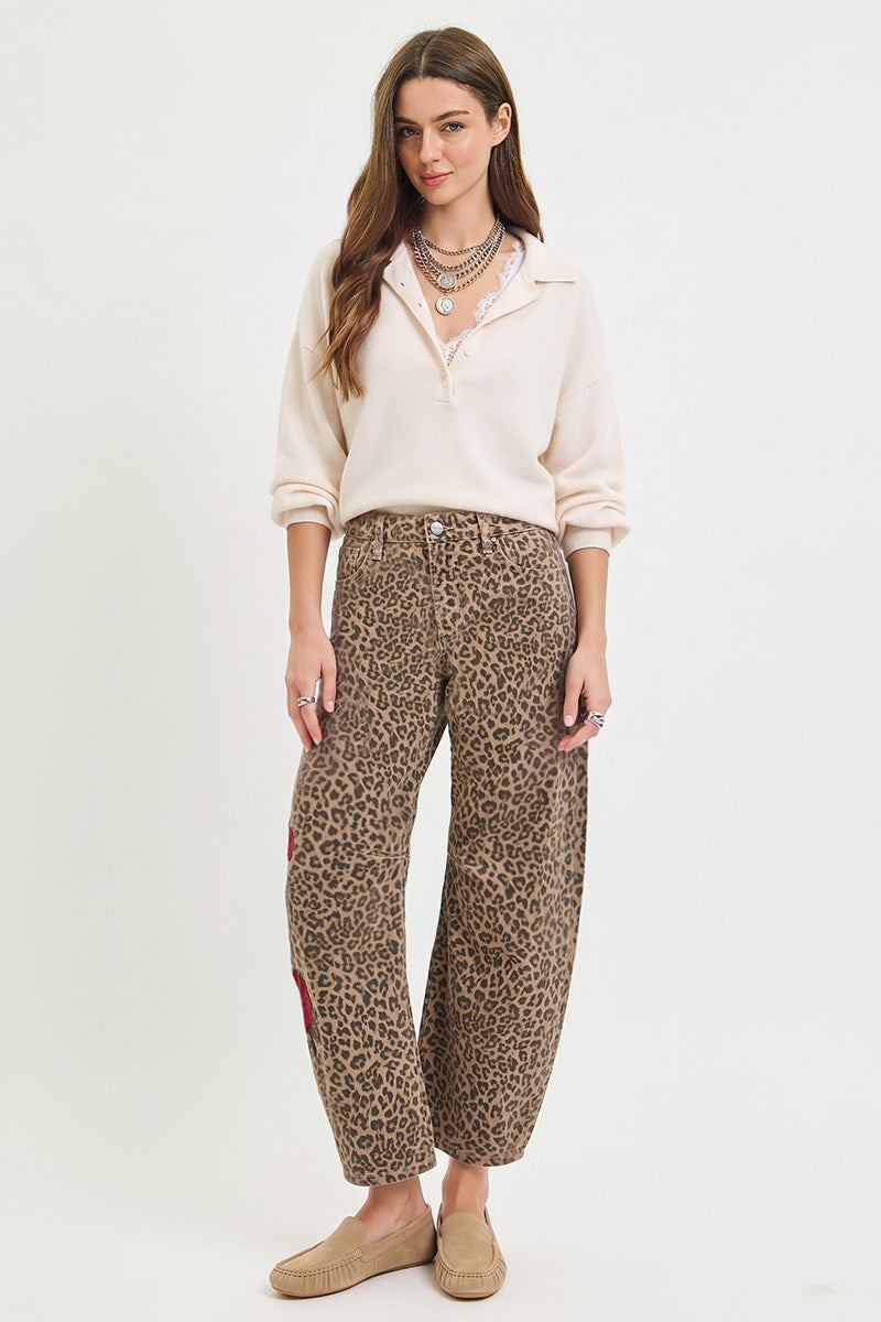 SLOUCHY BARREL ROSE EMBROIDERED LEOPARD PRINT PANTS